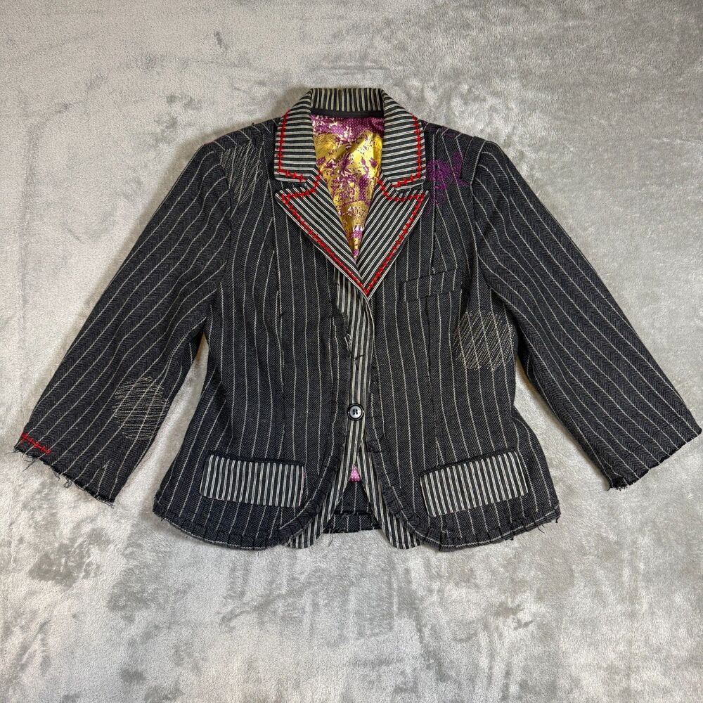 Ringspun Pinstripe Cropped Blazer Jacket Embroidered Raw Edge Artsy Boho Wool
